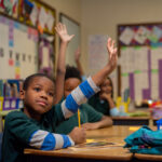 Classroom Picture of a Young Student Raising Hand